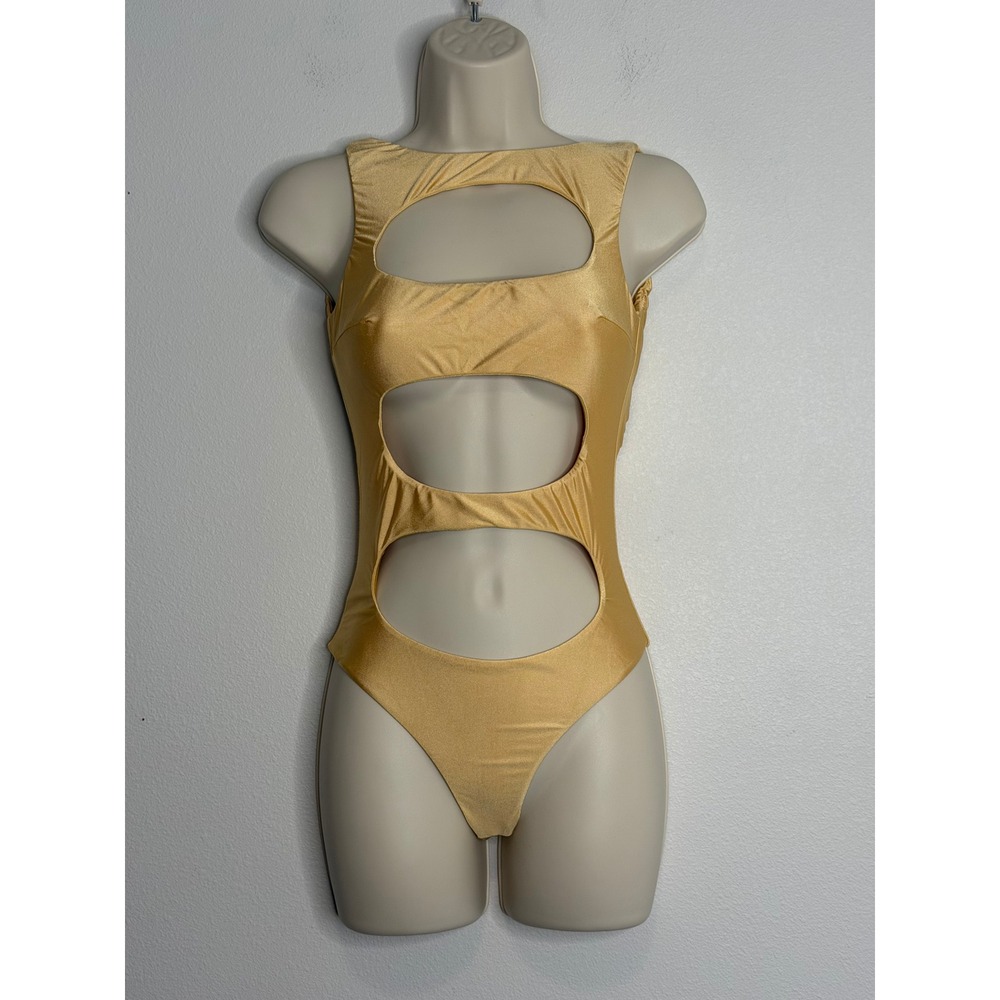 House of CB Quito Metallic Gold Cutout One Piece Swimsuit XS